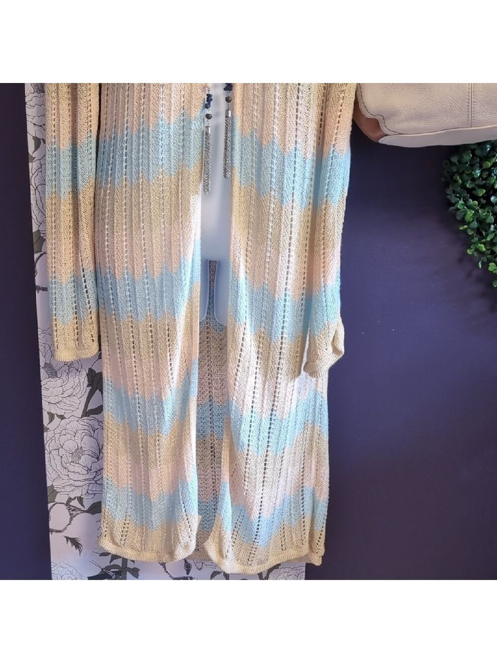 Honey Punch Beige and Light Blue Long Cardigan - Picture 4 of 6